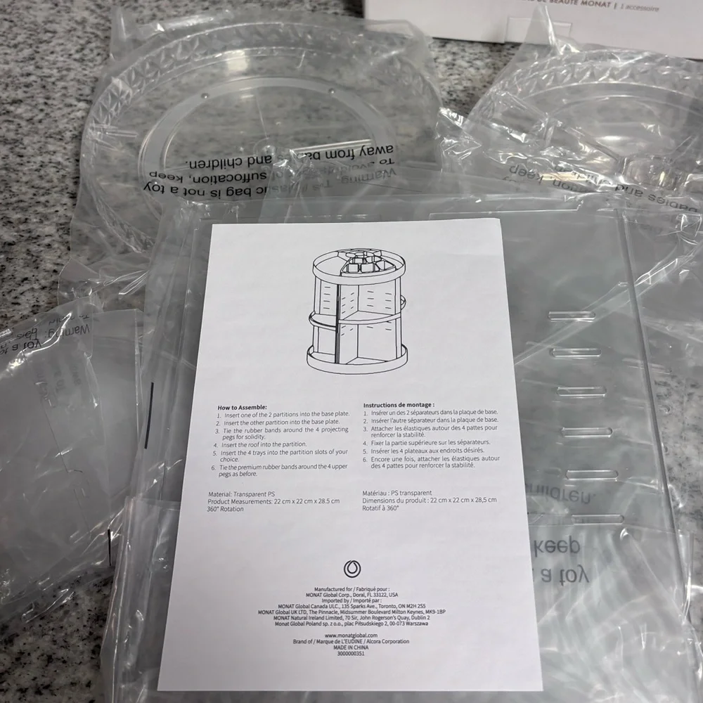 Monat 360° Rotating Acrylic Makeup Organizer 3-Tier Clear Storage NIB